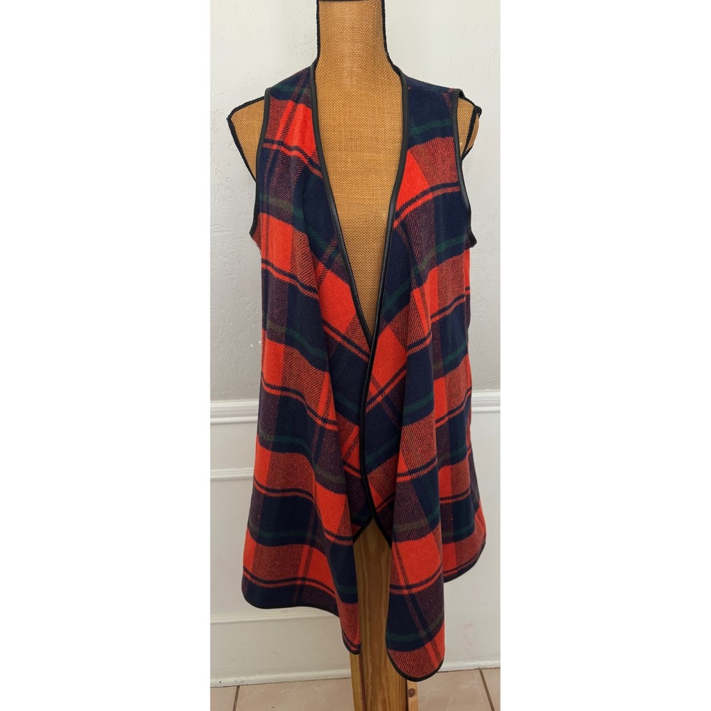 Rosetti Womens‎ Plaid Open Front Draped Vest Faux Leather Trim Medium